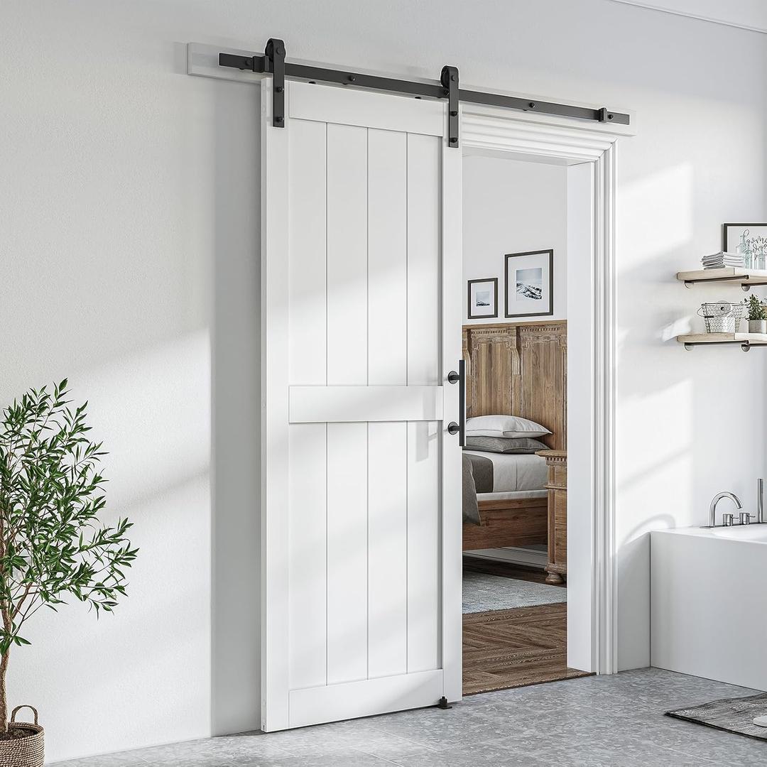 SmartStandard 32 x 84 inch White Sliding MDF Barn Door with 6FT Black Sliding Door Hardware Kit & Handle, Pre-Drilled Ready to Assemble, Waterproof PVC Coating, H-Frame