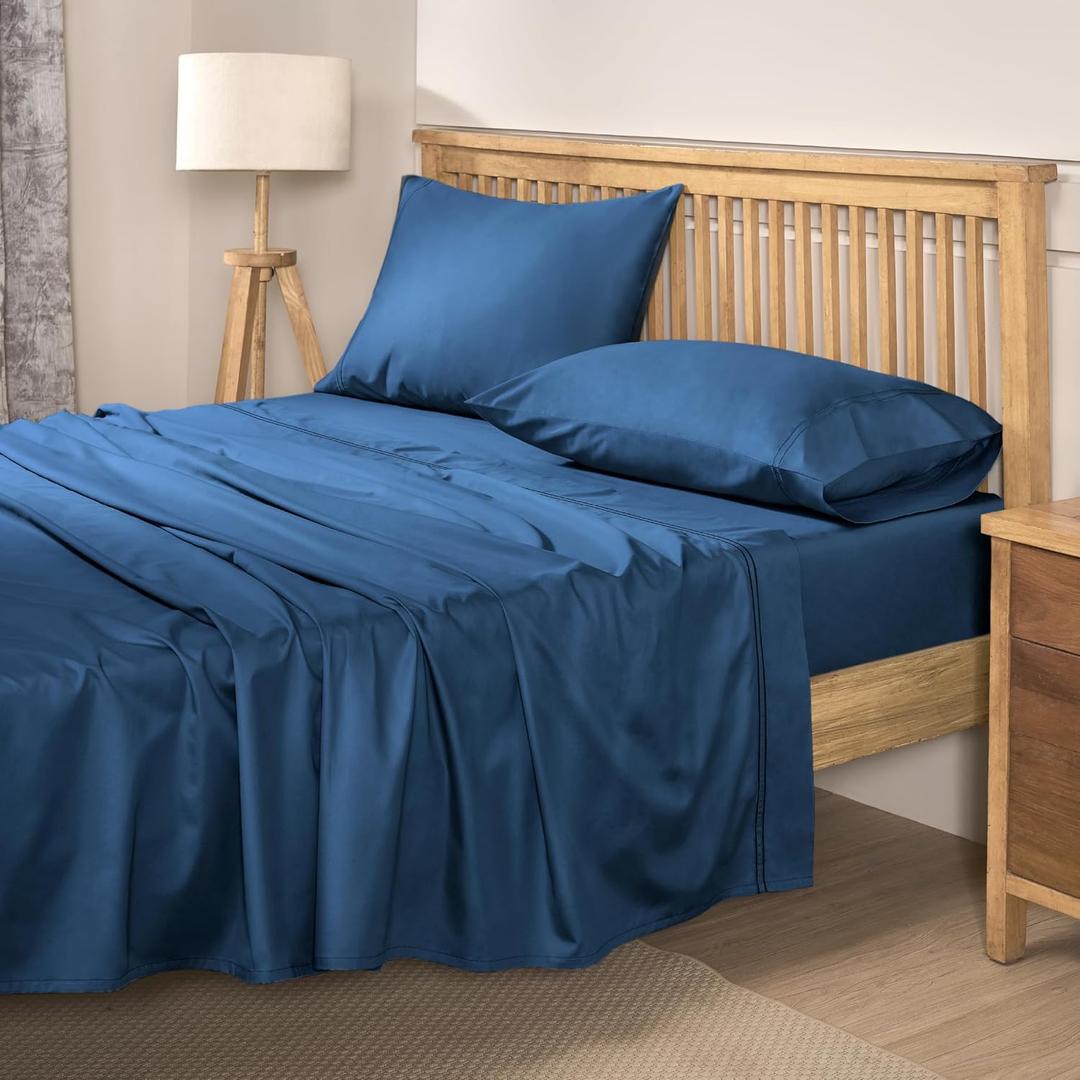100% Natural Cotton Sheets Queen Size Bed Set | 500 TC Single-Ply Sateen Weave | Soft, Breathable, Hypoallergenic Solid 4-Piece Bedding with Deep Pocket Fitted, Flat, Pillowcase |Navy Blue