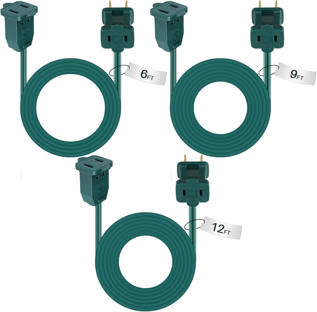 Kanayu 3 Pcs Ul Listed Extension Cord Indoor 6 ft 9 ft 12ft Heavy Duty 2 Prong Extension Cord 120 Volts Outlet Electric Extender Wire for Outdoor Christmas String Lights Connect Extend(Green)