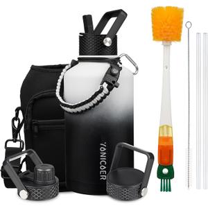 Insulated Water Bottle 64oz,Triple Wall Vacuum Stainless Steel(Dishwasher Safe),Leak Proof & Non-BPA,Flask Jug with Paracord Handle & Straw Spout Lids Sports Gradient black