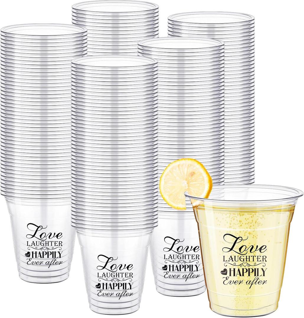 Dandat Disposable Wedding Plastic Cups Bulk 10oz Wedding Reception Cup Disposable Clear Plastic Glasses for Reception Supplies Bridal Shower Anniversary Birthday Party(200 Pack,Love Laughter)