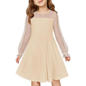 Haloumoning Girls Contrast Mesh Long Sleeve High Waist A Line Short Dress with Pockets 13-14 Years