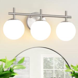 3-Light Bathroom Light Fixtures, Brushed Nickel Vanity Lights for Bathroom with Milky White Ball Shades, 18.9 inch Bathroom Lighting Fixtures Over Mirror, Wall Sconce for Bedroom (Bulb Not Included)