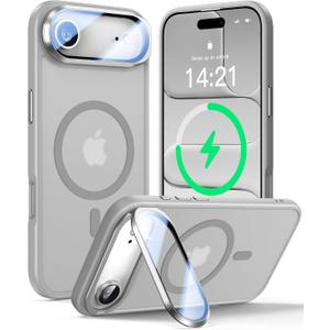 [Upgraded Full Camera Protection] for iPhone Air Case with Camera Cover Stand [Fit for MagSafe][10FT Mil-Grade Protection] Translucent Magnetic Phone Cover for iPhone 17 Air Case, Grey