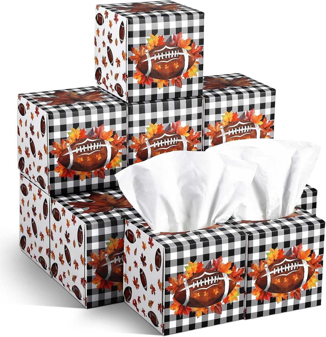 12 Pack Fall Football Facial Tissues Cube Boxes 600 Sheets 3 Ply Autumn Small Maple Leaf Square Face Tissues Bulk for Thanksgiving Day Car Bedroom Party Supplies