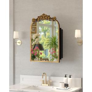 16x24 Inch Bronze Medicine Cabinet Mirror with Hand-Made Vintage Carving Flower and Aluminum Frame, Full Metal Cabinet, Recessed & Surface Mount, 2 Shelves, Arched Mirror with Storage for Bathroom