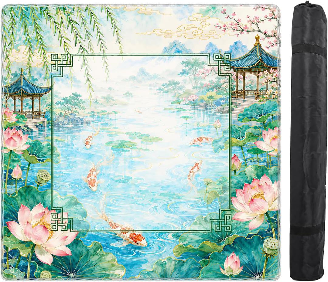 Green Chinoiserie Lotus Koi Fish Mahjong Mat (31.5x31.5in)