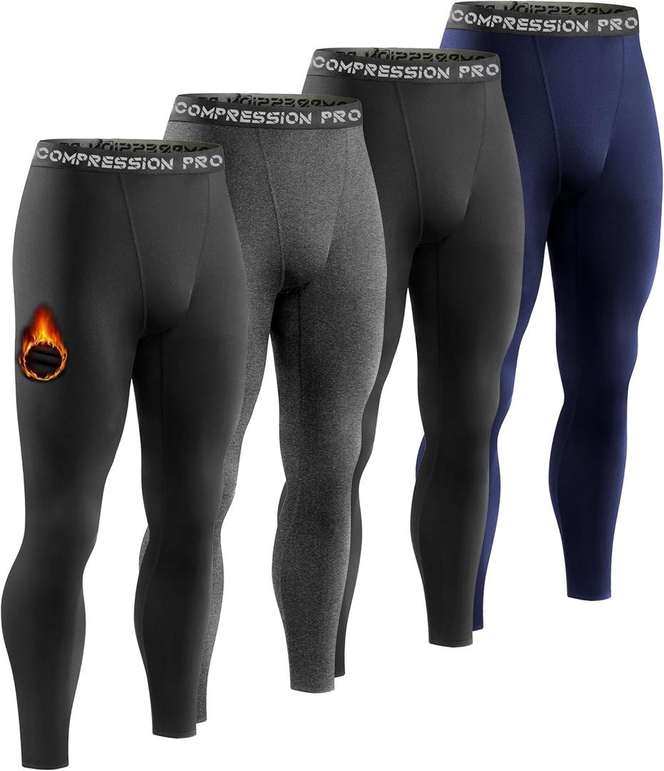Dalavch 4 Pack Men Thermal Compression Pants,Fleece Lined Heated Leggings for Cold Weather Sports Athletic Winter Baselayer (Medium, 2 Black 1 Heather Gray 1 Blue)