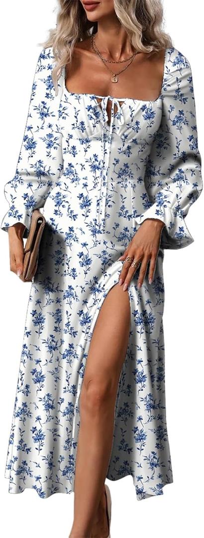 BLENCOT Womens Casual Square Neck Long Sleeve Boho Floral Midi Dress Print Side Split Dresses (Small)