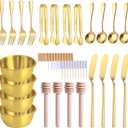 Gold Charcuterie Boards Accessories(26 PCS), Gift Box Packaging, With Ceramic Dip Bowls, Wooden Handle Cheese Spreader Butter Knive Set, Mini Tongs, Spoons, Forks,Honey Dipper, Cocktail Picks