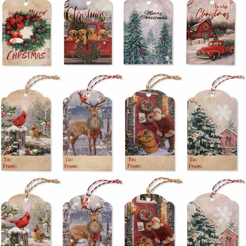 Christmas Gift Tags Set Holiday Design To/From Cards Vintage Winter Prints Included Decorative String Perfect For gifts and decor 15 list