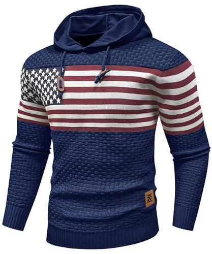 Zaitun Mens Hooded Sweatshirt Long Sleeve American Flag Knitted Hoodie Pullover Sweater Navy, 5XL