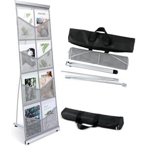 Outus Mesh Literature Brochure Holder with 8 Pocket Portable Magazine Display Roll Up Magazine Rack Lightweight Floor Standing Catalog Office Brochure Display Stand for Business Trade Shows