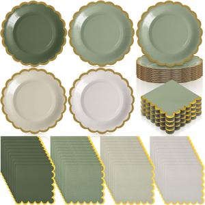 Mimorou 200 Pcs Sage Green Paper Plates and Napkins Set Serves 100, 4 Gradient Colors Scalloped Gold Edge Disposable Tableware for Baby Shower Wedding Bridal Shower Birthday Party