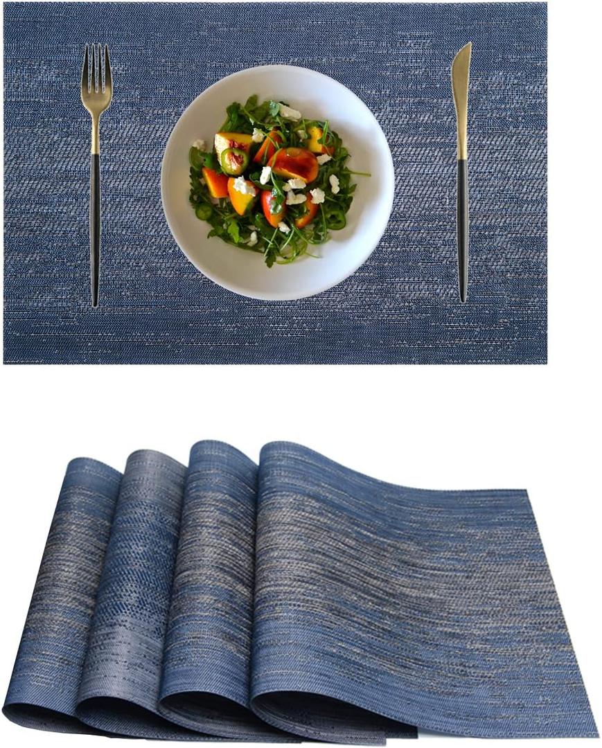 Placemats,PlasticVinyl Washable Heat-Resistant Durable PVC Non-Slip Woven for Kitchen Dining Table Mats (Set of 4, Navy)