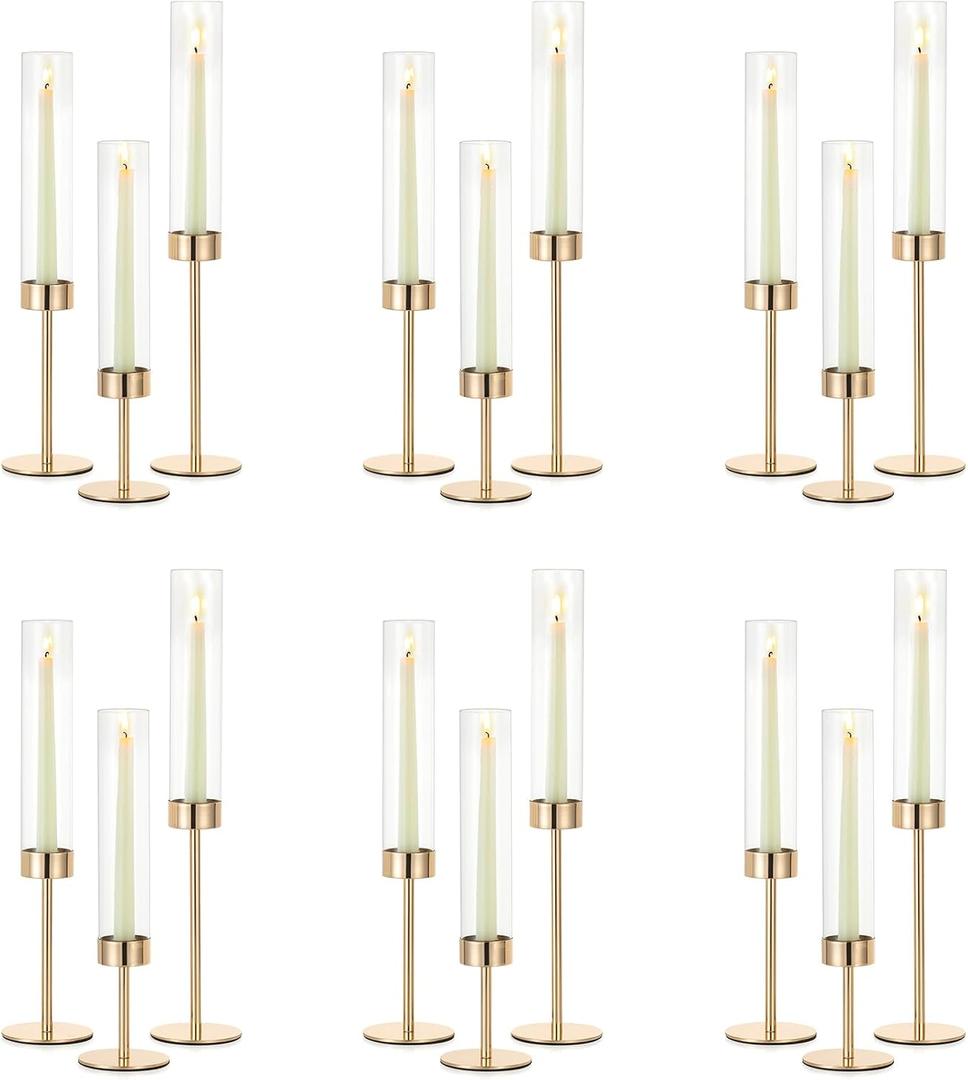 NUPTIO Candle Stick Holder for Wedding: 18 Pcs Tall Hurricane Gold Candles Holder with Clear Glass Chimney Cover - Tapered Candlestick Decor Bulk for Party Centerpiece
