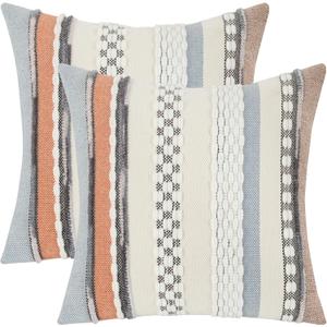 Boho Throw Pillow Covers 18x18 Set of 2 Striped Decorative Pillow Cases Accent Chenille Pillowcases Farmhouse Cushion Case Bohemian Nuetral Textured Pillow Cover,Orange and Blue 