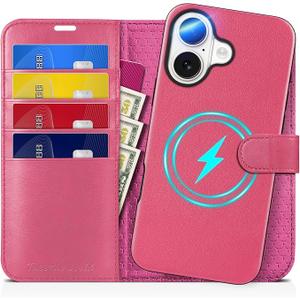 TUCCH Case for iPhone 16 Pro Max, [Detachable] 2 in1 Magnetic PU Leather Wallet RFID Blocking [Wireless Charging] 4 Card Slot Kickstand Removable Cover for iPhone 16 Pro Max, Textured Hot Pink