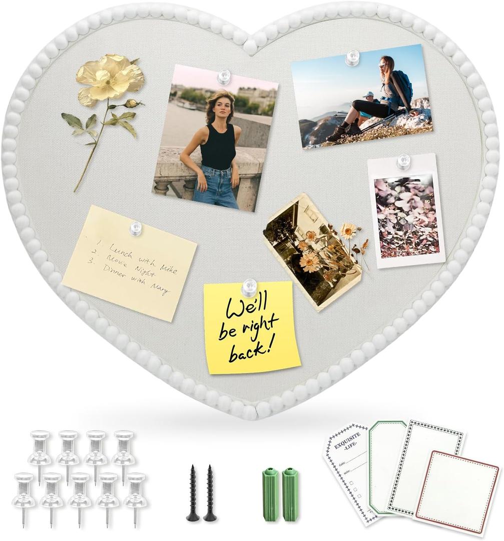 Large Heart-Shaped Linen Cork Bulletin Board with White Wood Frame, 24x19 Inch Decorative Memo & Photo Pin Board, Cute Vision Board for Home Office, Bedroom or Valentine's Day Gifts Wall Decor