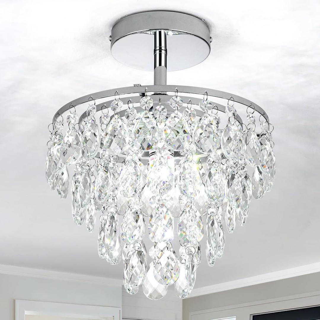 Mini Crystal Chandelier Modern Crysal Flush Mount Ceiling Light for Bedroom Closet Hallway with E26 Base Small Pendant Light (Chrome-Ceiling), 11.8 Inches Diameter
