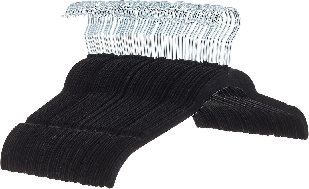 Amazon Basics Space-Saving Slim Velvet Non-Slip Clothes Hangers for Closet Organization, Sturdy with Shoulder Notches, Black, 50-Pack