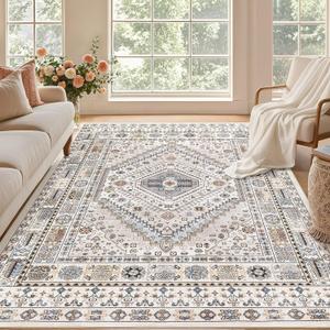 10x14 Area Rugs Living Room: Washable Boho Large Neutral Vintage Soft Rug Indoor Stain Resistant Non-Slip Carpet for Bedroom Dining Room Playroom Office Home Decor- Beige Blue