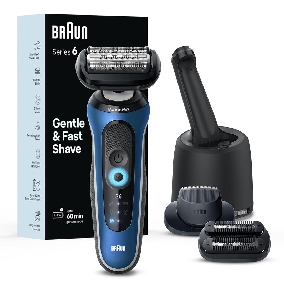 Braun Electric Shaver for Men, Series 6 6177cc, Wet & Dry Shave, Turbo & Gentle Shaving Modes, Foil Shaver, Blue (5 Piece Set)