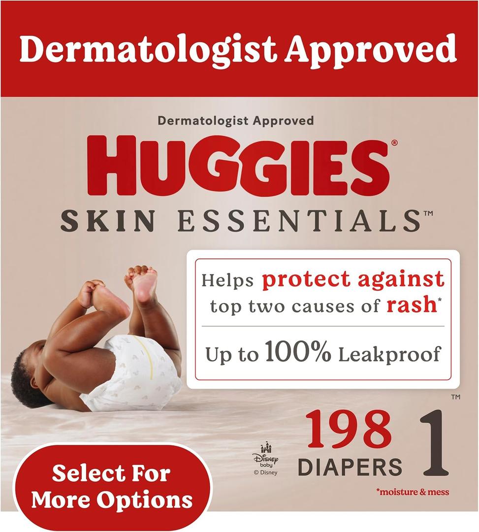 Huggies Size 1 Diapers, Skin Essentials Baby Diapers, Size 1 (8-14 lbs), 198 Count (3 Packs of 66)
