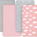 4-Pack Fitted Pack and Play Sheets for Boys and Girls - Breathable, Soft Microfiber Baby Sheets in Grey and Pink