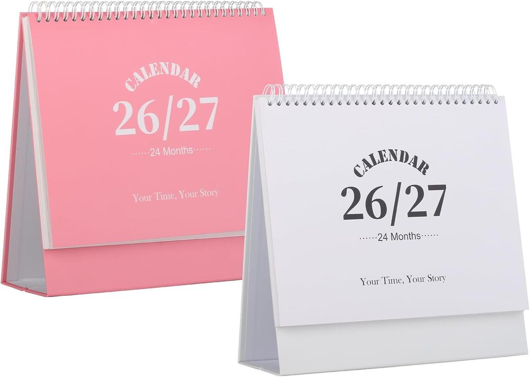 2 x Desk Calendar 2026-2027, 2 Years Calendar Runs from Jan. 2026 until Dec 2027, Table Monthly Planner with Stickers for Home,Office,School Organization(L-Pink+White,9.8" x 9.6")