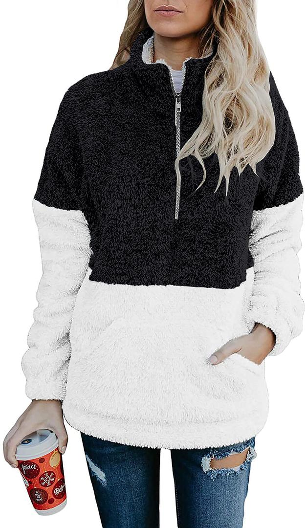BTFBM Sherpa Fall Quarter Zip Pullover Women,Black,L (Black, L)