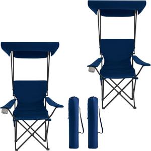 Portable Camping Chair 2 Pack with Foldable Canopy, Folding Outdoor Chair with Cup Holder & Side Pocket for Camping, Hiking, Picnic, Beach (Navy Blue), 2 PCS with Canopy