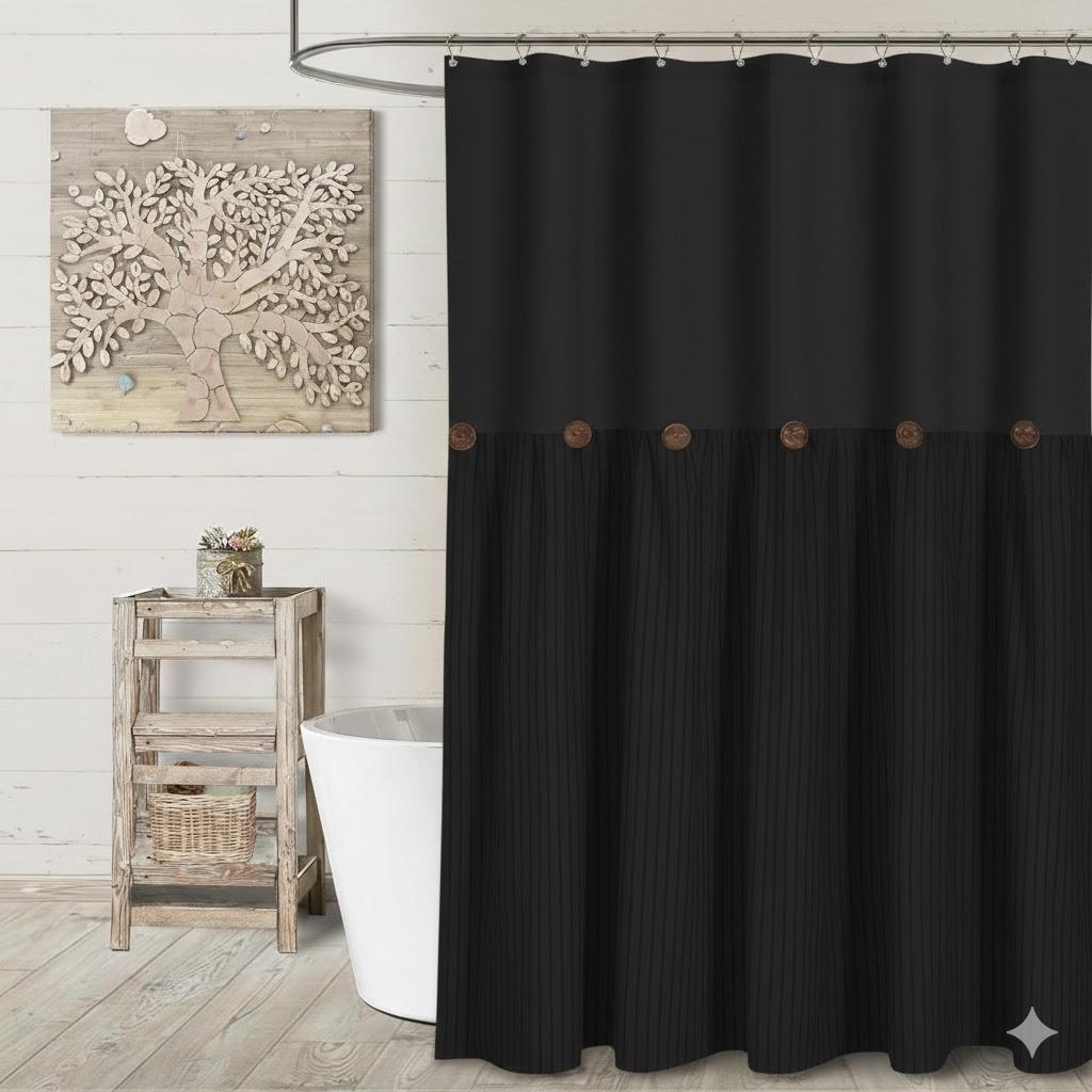 Awellife Farmhouse Black Shower Curtain Button Linen Textured Woven Fabric, Pleated Black Stripe, Country Style, 72" W x 72" L 