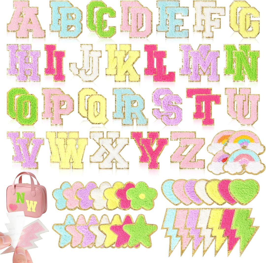 Chenille Letter Patches Self-Adhesive for Backpacks: Funcolor 84PCS Stick on Varsity Letter Patches - Cute Star Lightning Heart Rainbow Chenille Patch Stickers for Clothing Hats Bags
