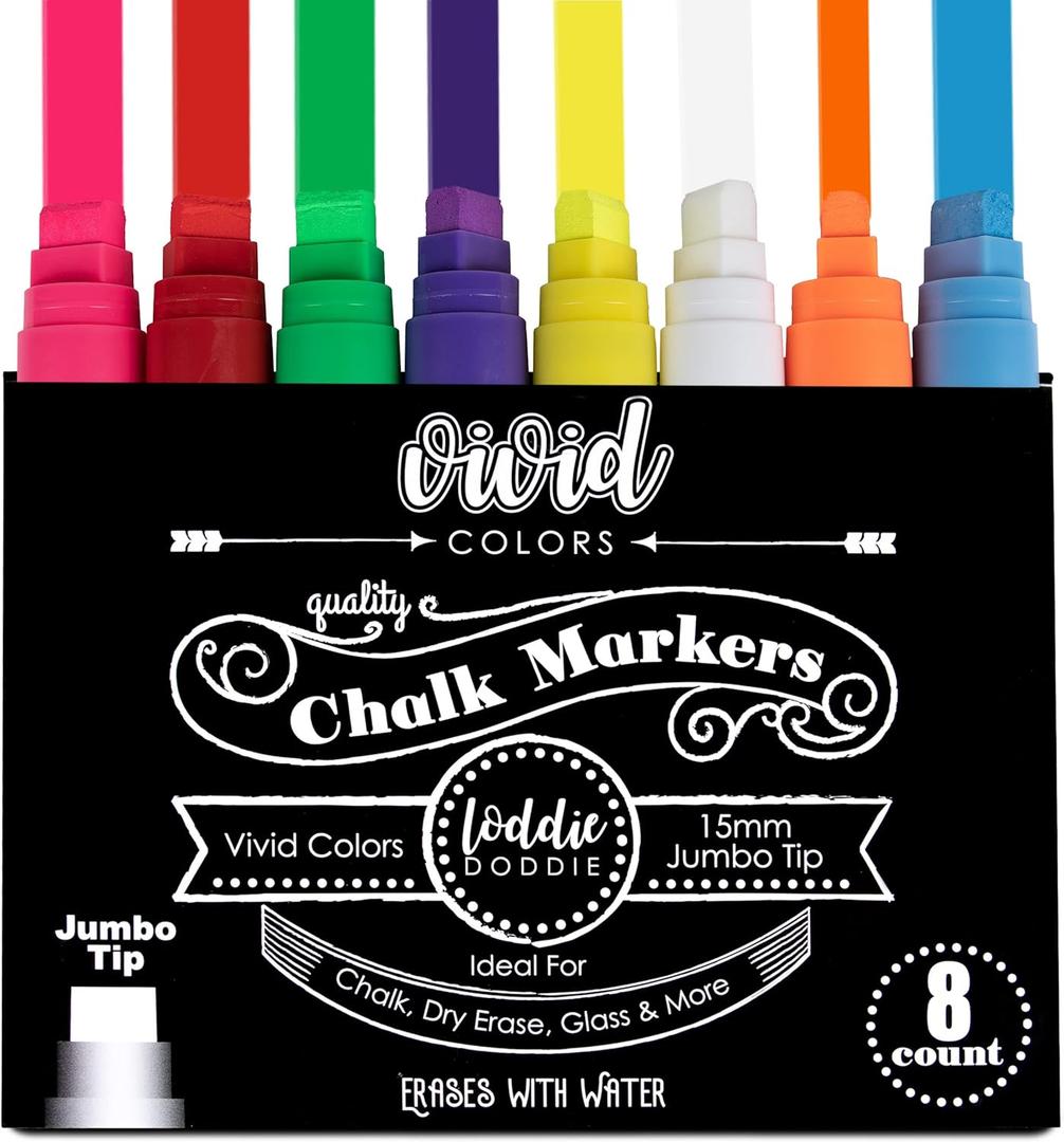Loddie Doddie Jumbo Chalkboard Markers - 8-Pack Multicolor - Easy Erase Chalk Markers for Blackboard - Bold Lines with 15 mm Chisel Tip Chalk Pen - Smudge-Proof Ink for Glass Pen & Blackboard Surfaces