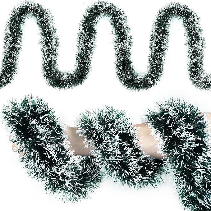 Christmas Tinsel Garland Green Metallic Twist Xmas Frosted Tip Hanging Garland for Christmas Tree Decoration Indoor Outdoor Home Holiday Party Decor