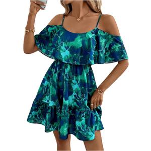SOLY HUX Women's Summer Floral Mini Dress Cold Shoulder Ruffle Dresses (Green, L)
