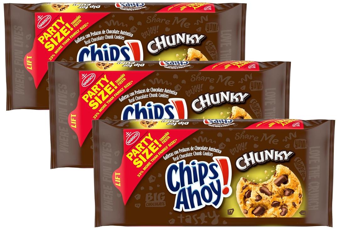CHIPS AHOY! Chunky Chocolate Chunk Cookies, Party Size, 24.75 oz (Pack of 3) (1.54 Pound (Pack of 3)