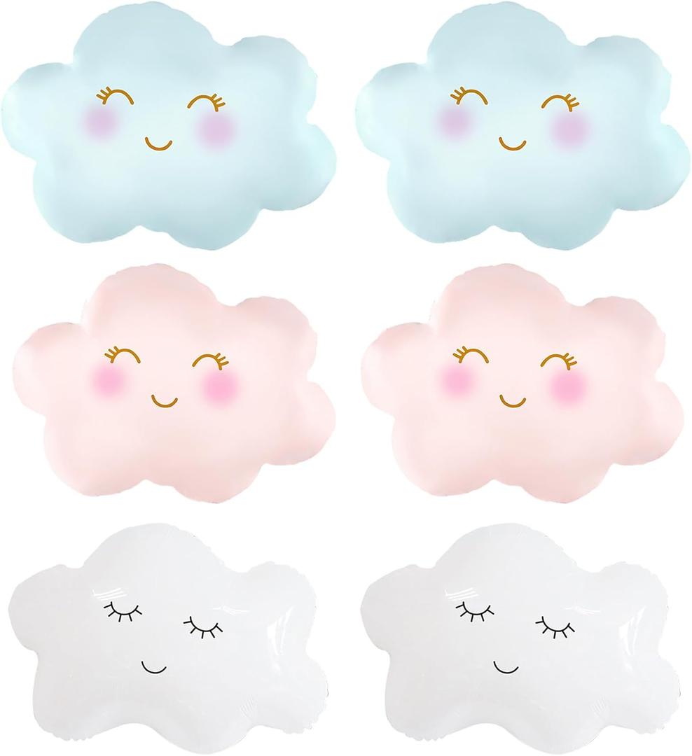 6PCS Cloud Balloons Foil Mylar Cloud Balloons for Birthday Party Decorations Supplies (White Pink Blue)