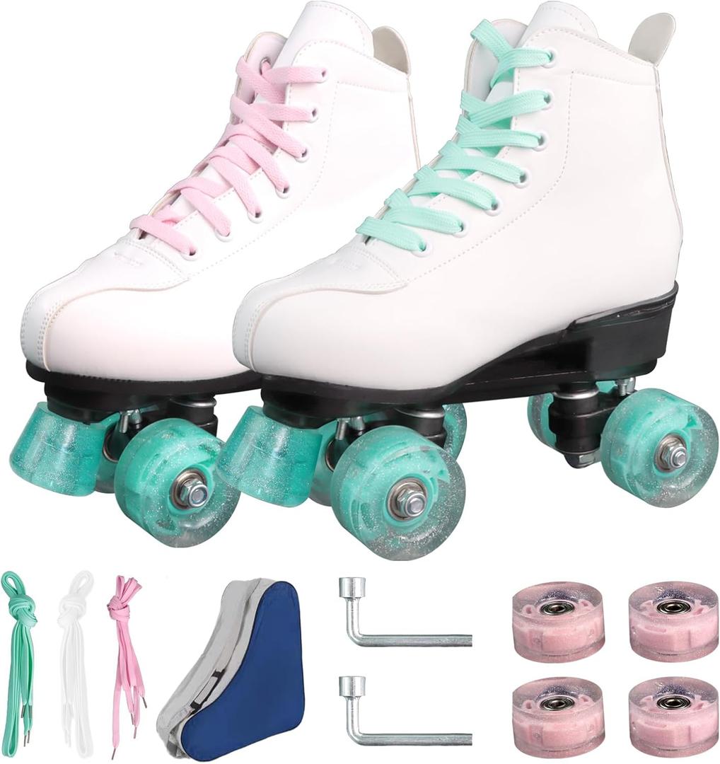 Wiwiy Roller Skates for Women and Men - Adjustable Four Shiny Wheel Skates for Outdoor Indoor Use (White-colorful wheels)