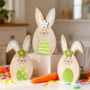 Easter Bunny Decorations 3 Pcs Wooden Rabbits Spring Decorations for Home, Easter Decor Topiary Bunny Ornament Tiered Tray Wood Bunnies Table Decor for Farmhouse Party Office Mantle Centerpieces