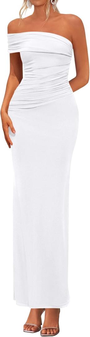 PRETTYGARDEN Women's 2026 Wedding Guest Cocktail Dresses One Off the Shoulder Ruched Bodycon Formal Maxi Party Summer Outfits (White, L)
