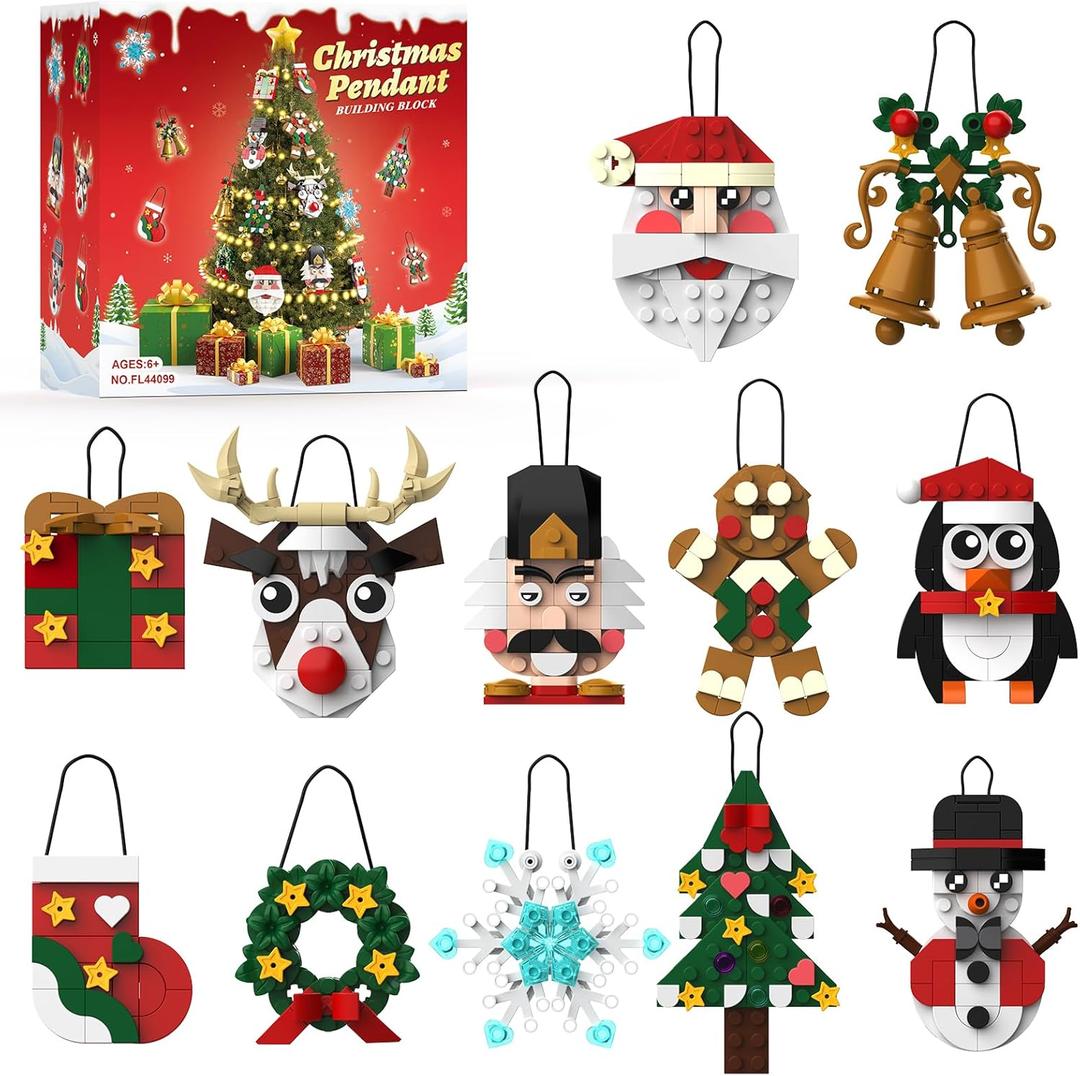 Conalaa Christmas Ornaments Building Blocks Set Gift for Kids, 12 DIY Xmas Party Favors Bricks with Santa, Snowman Wreath More, Christmas Stockings Stuffer Building Toys Gift for Girls Boys Ages 6+