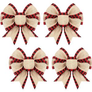 Geosar 4 Pcs Christmas Buffalo Plaid Bows Decorations 6 Inch Christmas Burlap Gingham Craft Bows Xmas Tree Decorative Wreath Decor for Crafts Xmas Party Birthday Decor(Red and Black,Classic)