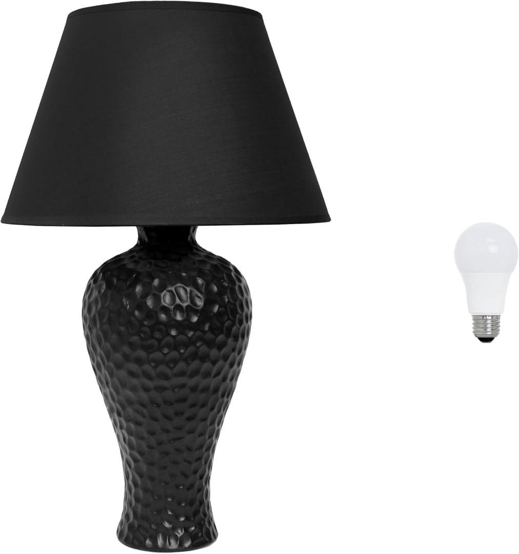 Simple Designs LT2004-BLK-LB 20.08" Textured Stucco Curvy Ceramic Table Lamp with LED Bulb, Black