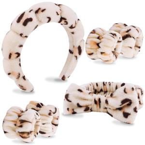 VELSCRUN Paquete de 6 diademas de spa, diadema de maquillaje, diademas para lavado de cara, diademas para el cuidado de la piel, banda de esponja de leopardo, pajarita para la cabeza de spa para lavar