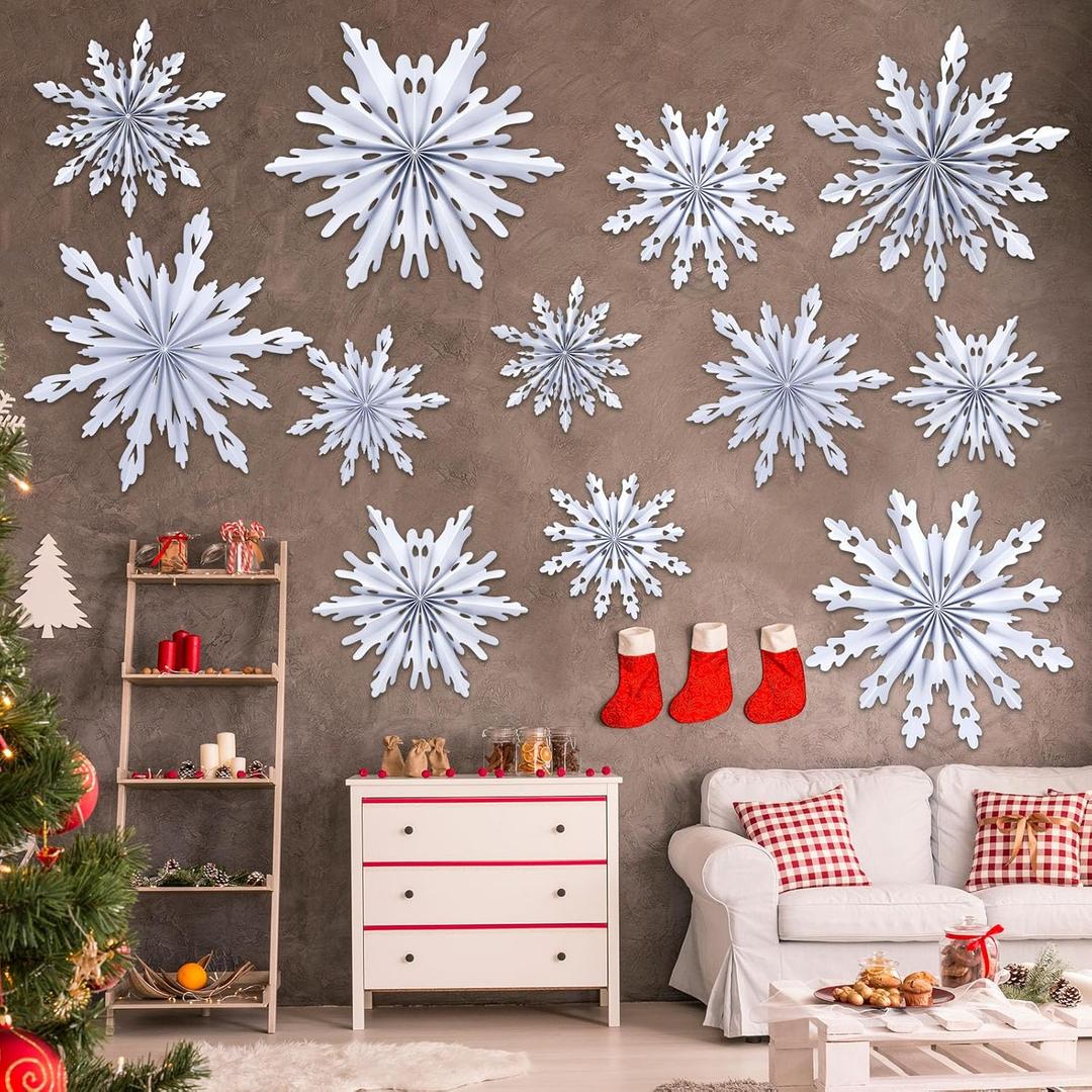 12 Pcs Snowflakes Hanging Decorations Blue Purple White Paper Fans Hollow Snowflakes Ceiling Hangings Decor Ice Birthday Fans Decor for Wedding Birthday Holiday Party Decoration(White)