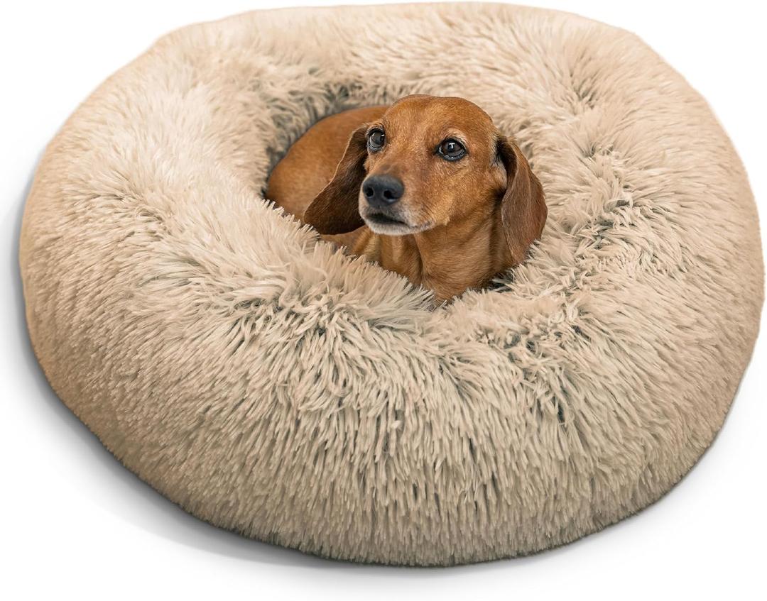 Best Friends by Sheri The Original Calming Donut Dog Bed  Washable Plush Pet Bed for Cats & Small Dogs up to 25 lbs, Shag Faux Fur, Taupe, Small (23" x 23")