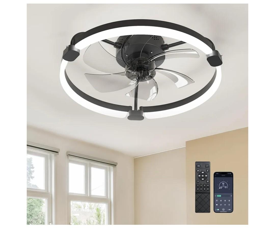 Ensenior Ceiling Fans with Lights and Remote, 20'' Low Profile Ceiling Fan Flush Mount, APP Control, 6 Speed, 3CCT, Quiet Reversible DC Motor, Dimmable Modern Ceiling Fan with Light for Bedroom, Black
