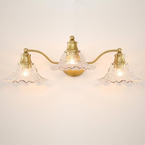 DSMJFU DSMJFU Vintage 3 Light Bathroom Vanity Light with Flower Glass Shade, Brass Gold Bathroom Light Fixtures Over Mirror, Antique Gold Wall Sconce Lighting for Bedroom Hallway
